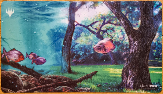 Scapeshift MTG playmat by Fred Fields showing fish floating through a surreal forest and water landscape.
