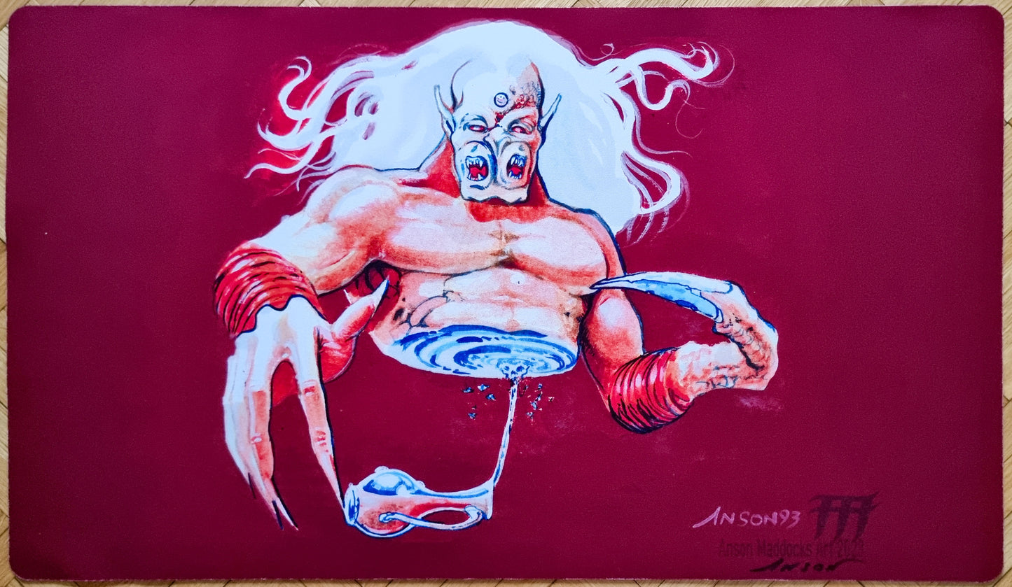 Signed Serendib Efreet playmat by Anson Maddocks featuring the Arabian Nights creature on a vivid red background with white hair and classic old-school styling.