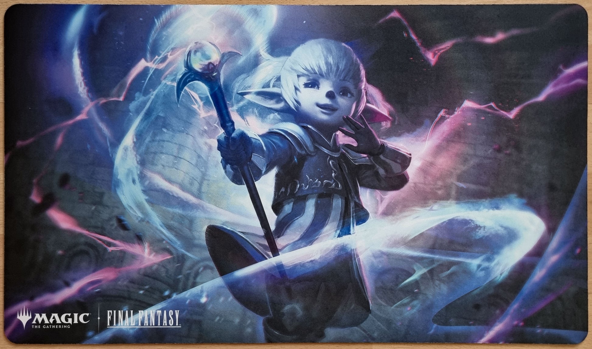 Shantotto Tactician Magician Final Fantasy MTG playmat by Joshua Raphael with glowing blue and purple magic