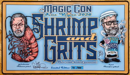 Signed Shrimp and Grits limited-edition playmat for MagicCon Las Vegas 2026 by Jeff Laubenstein and rk Post, showing a humorous blue design numbered 86/100 with stitched black edges.