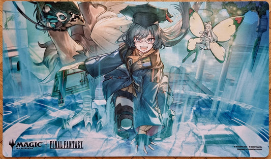 Snapcaster Mage MTG playmat featuring Canata Katana’s Final Fantasy Commander artwork, showing a smiling mage running through a blue magical scene with fantastical companions.