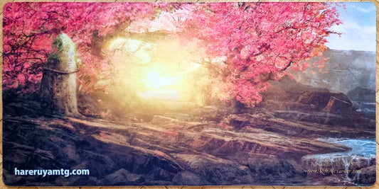 Rob Alexander Spring Sakura playmat from Hareruya’s 2015 Four Seasons in Japan series, showing pink cherry blossoms, a shimenawa-wrapped stone, and glowing morning light.