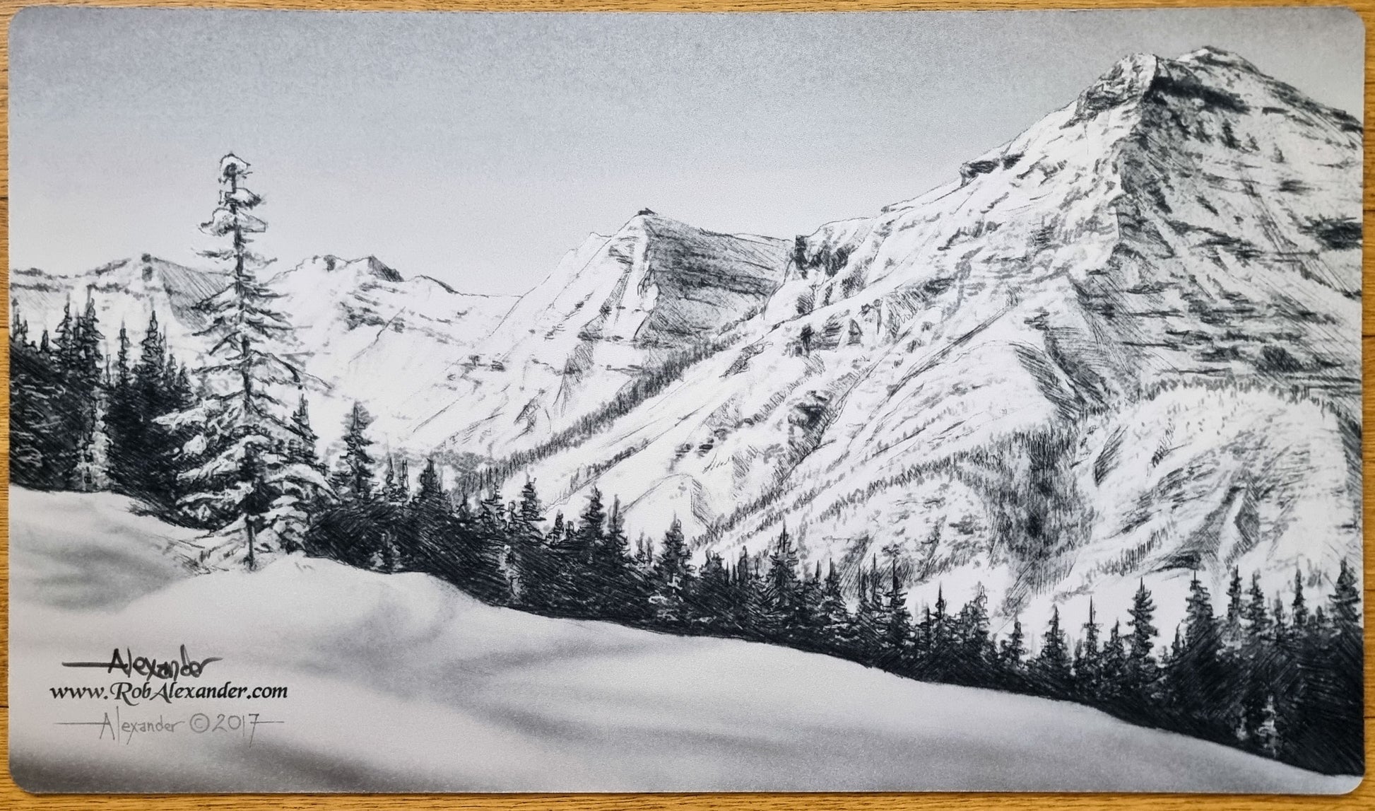 Signed black-and-white Taiga MTG playmat by Rob Alexander showing a mountain range, forest line, and snowy landscape.