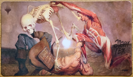 Signed Terror MTG playmat by Adam Rex with stitched edges, showing a grim scene of a skeleton and flayed creature looming over a fallen figure.