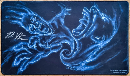 Signed The Abyss playmat by Pete Venters featuring ghostly blue figures on a dark background, based on the Legends card artwork, with stitched edges.