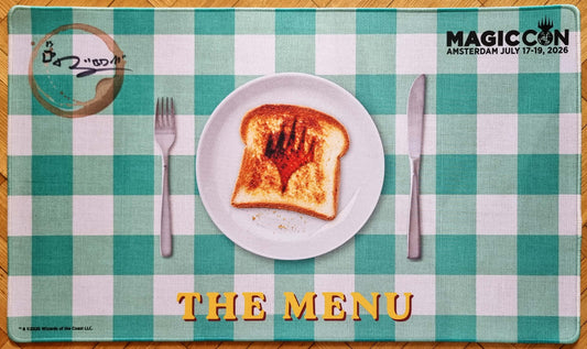 Signed MagicCon Amsterdam 2026 The Menu stitched playmat showing toast with a burned Planeswalker symbol on a plate over a turquoise gingham tablecloth.