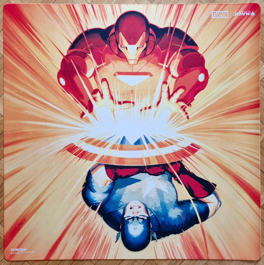 2-player Marvel Super Heroes stitched playmat featuring The Super Hero Civil War by Serena Malyon, showing Iron Man and Captain America colliding around a bright central burst of energy.