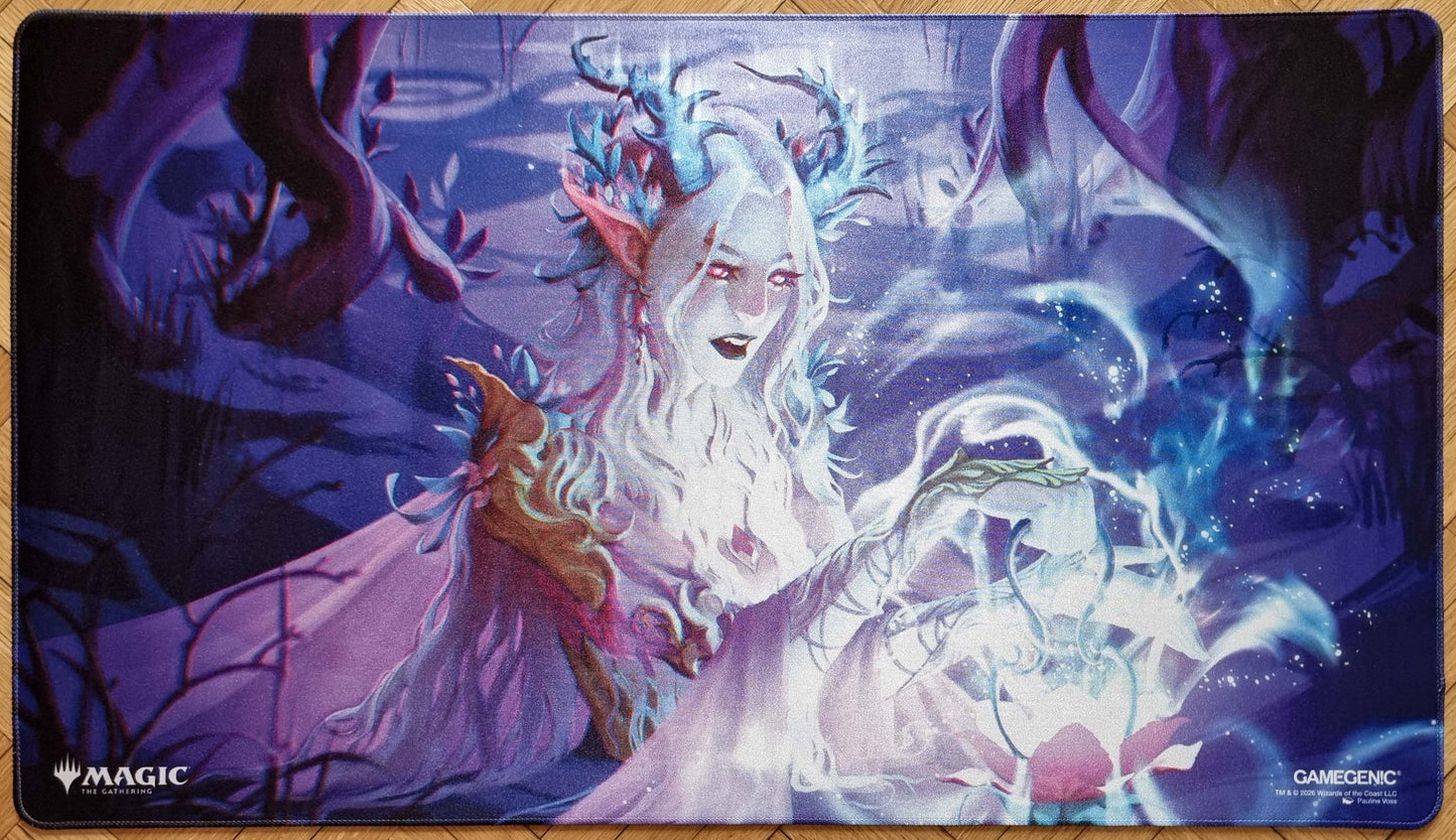 Twilight Diviner stitched MTG playmat by Pauline Voss showing an ethereal spellcaster surrounded by glowing magic in a purple-blue forest scene.