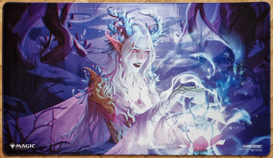 Twilight Diviner stitched MTG playmat by Pauline Voss showing an ethereal spellcaster surrounded by glowing magic in a purple-blue forest scene.