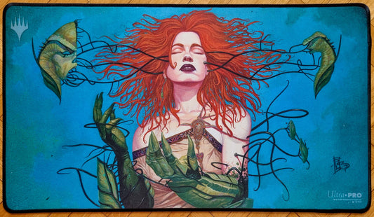 Signed and stitched Unmask MTG playmat by rk post featuring the Mercadian Masques artwork of a red-haired central figure with vine-like tendrils on a vivid blue background.