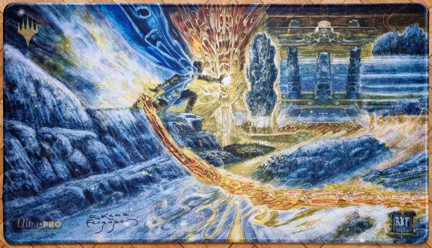 Signed stitched Vampiric Tutor playmat by Richard Kane Ferguson featuring a vivid blue-and-gold magical scene from Dominaria Remastered.